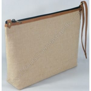 design and buy jute cotton toilet bag with real leather handle and trims online