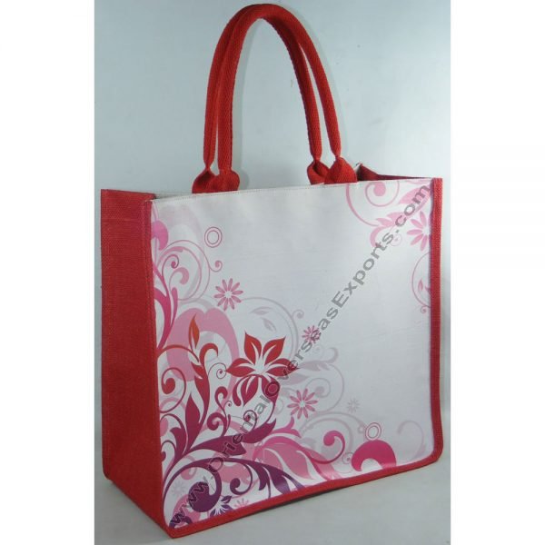 Elegant looking printed jute cotton bag with padded cotton handles