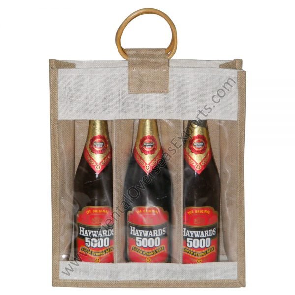 design and buy your own custom printed three bottle wine bags with window and wooden cane handles online at factory prices