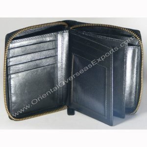 design and buy custom embossed real Black Shiny VT zipper leather wallet with multiple card and currency slots online