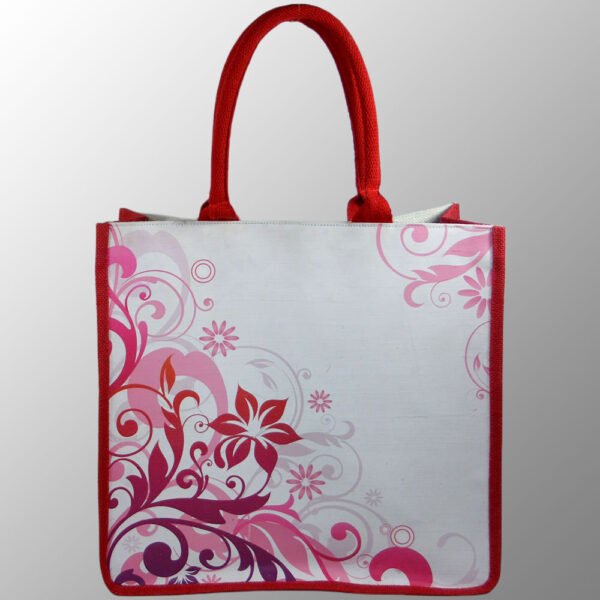 Elegant looking printed jute cotton bag with padded cotton handles