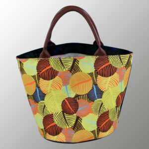Round Bottom Printed Jute Bag With Real Leather Handles