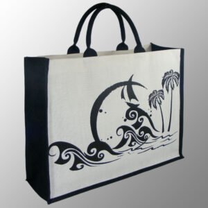 Elegant looking printed jute cotton beach bag with lamination inside # 2219 along with padded cotton web handles (padded with rope inside).