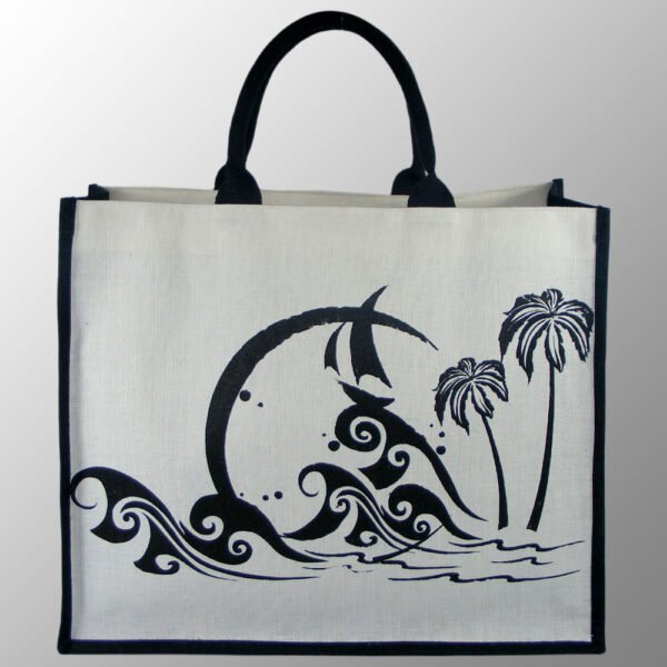 Elegant looking printed jute cotton beach bag with lamination inside # 2219 along with padded cotton web handles (padded with rope inside).