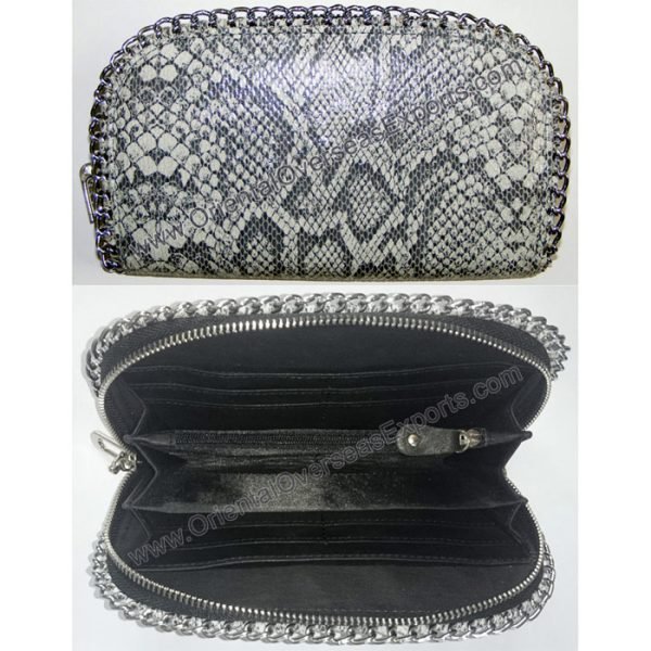 inside view of snake print luxury leather purse with chain