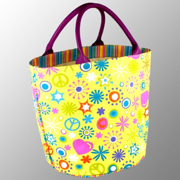 printed canvas bag with round bottom and leather handles