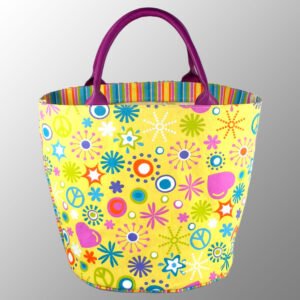 printed canvas bag with round bottom and leather handles